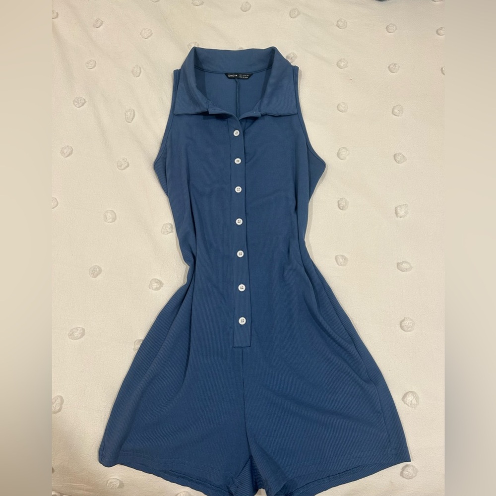 Blue Sleeveless Button-Up Romper
